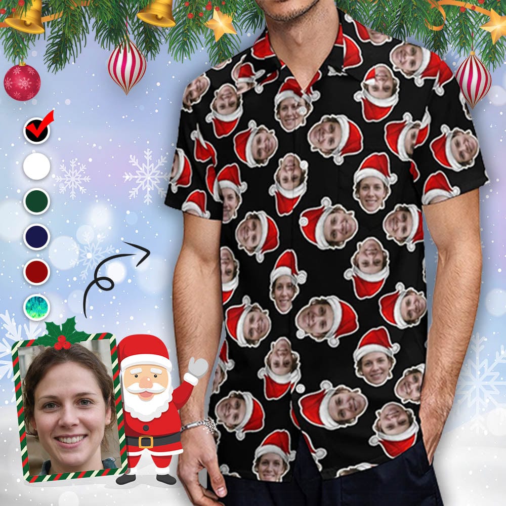 Custom Custom Face Christmas Hat Multicolor Shirt Men Front Pocket Beach Shortsleeve Pocket Hawaiian Shirt Christmas Gift For Him - YesCustom