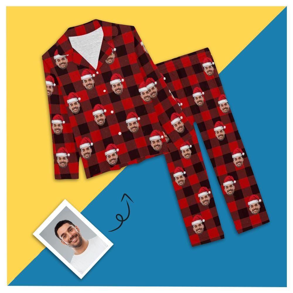 Custom Custom Face Christmas Hat Red Black Stripe Women's Long Pajama Set Pajama Top&Pajama Bottom - YesCustom