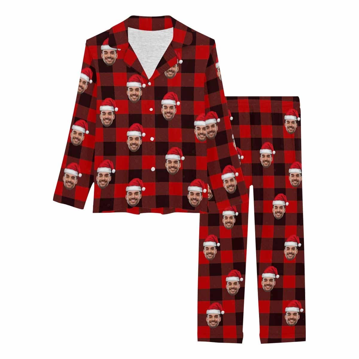Custom Custom Face Christmas Hat Red Black Stripe Women's Long Pajama Set Pajama Top&Pajama Bottom - YesCustom
