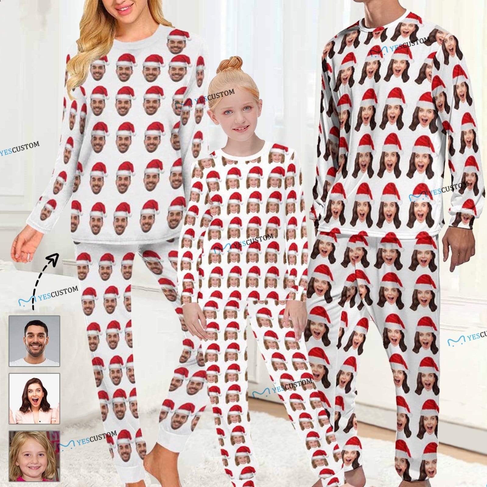 Custom Custom Face Christmas Hat Sleepwear Personalized Family Slumber Party Matching Long Sleeve Pajamas Set - YesCustom