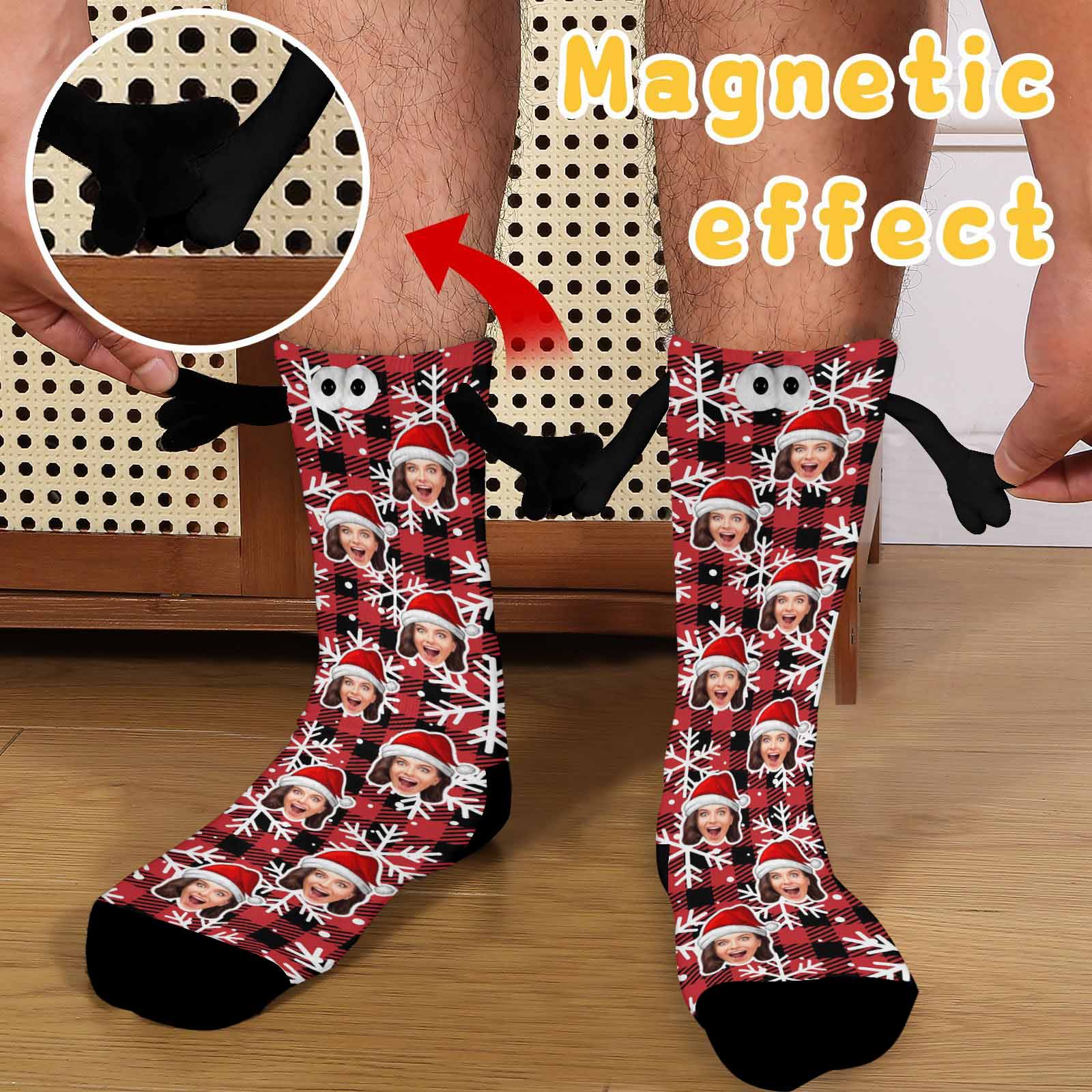 Custom Custom Face Christmas Hat Snowflake Red Magnetic Holding Hands Socks Suction Funny Big Eye Socks - YesCustom