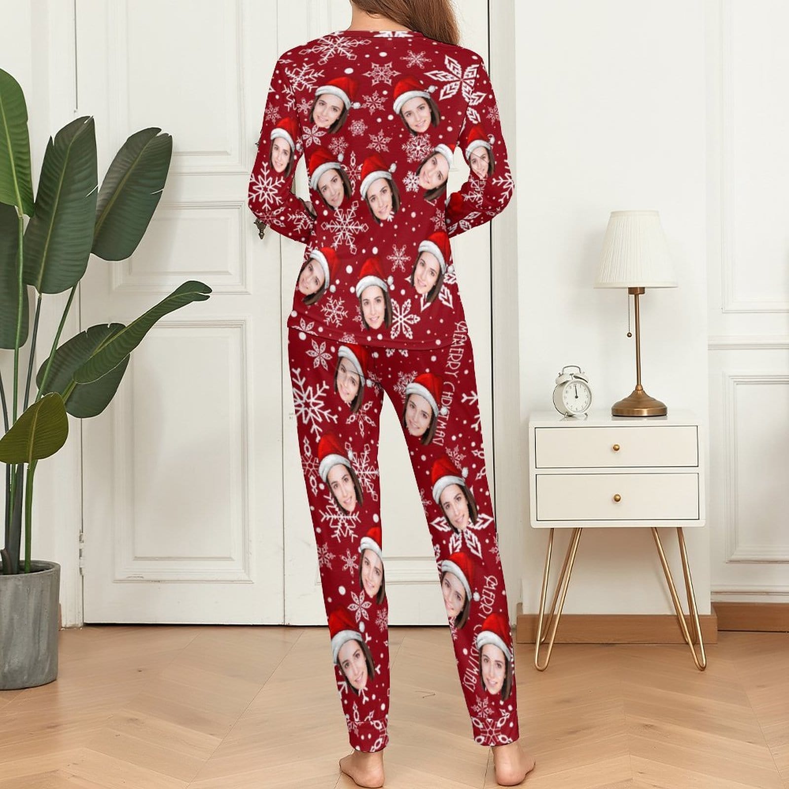 Custom Custom Face Christmas Hat Snowflakes Nightwear Personalized Women's Slumber Party Crewneck Long Pajamas Set - YesCustom