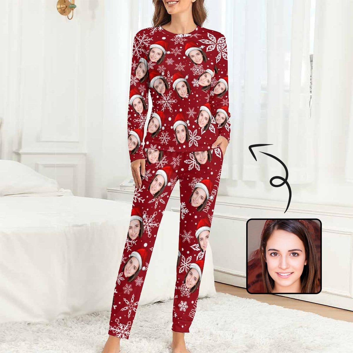 Custom Custom Face Christmas Hat Snowflakes Nightwear Personalized Women's Slumber Party Crewneck Long Pajamas Set - YesCustom