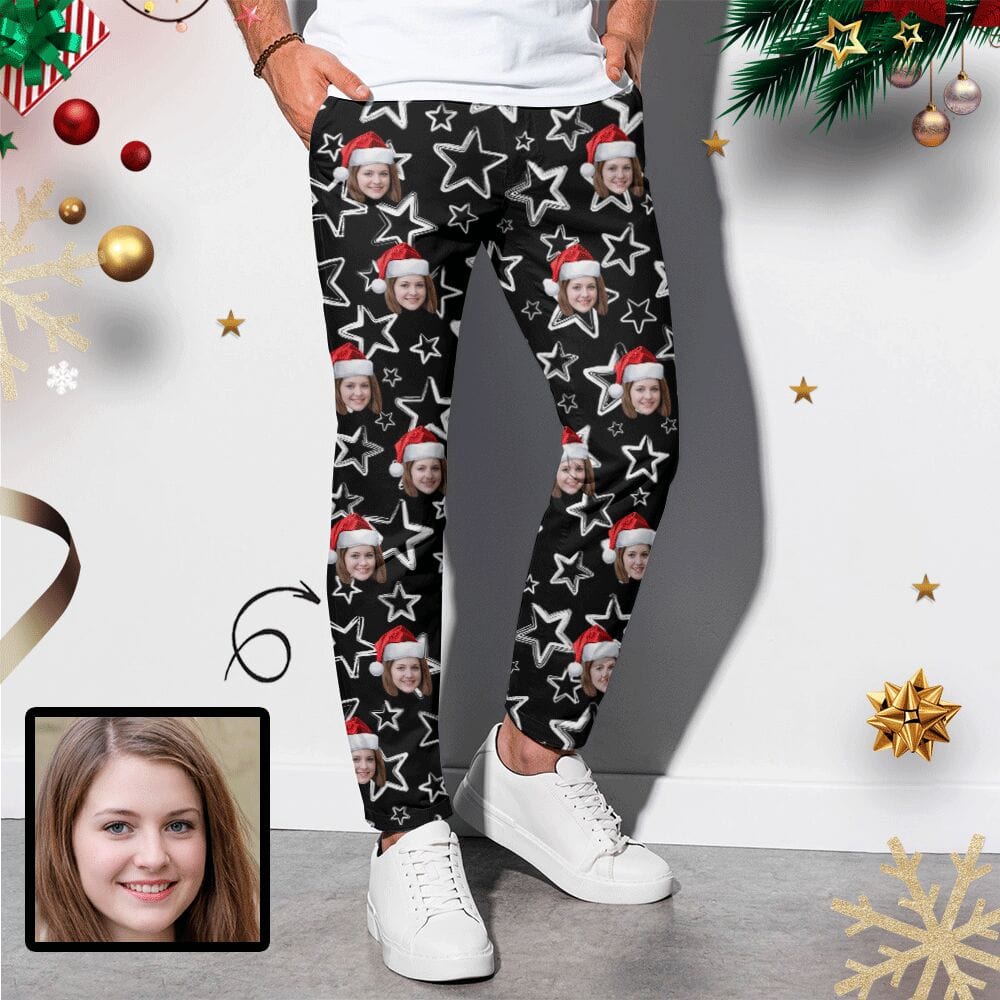 Custom Custom Face Christmas Hat Star Men's Casual Jogger Athletic Long Pants Casual Trousers - YesCustom