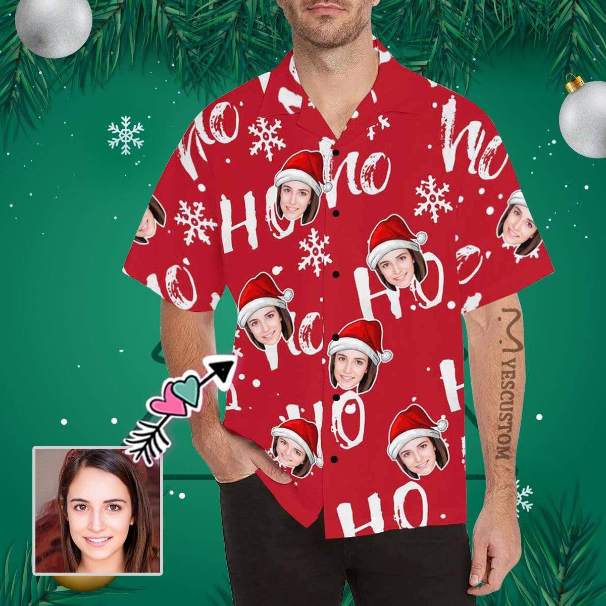 Custom Custom Face Christmas Ho Red Men's All Over Print Hawaiian Shirt - YesCustom