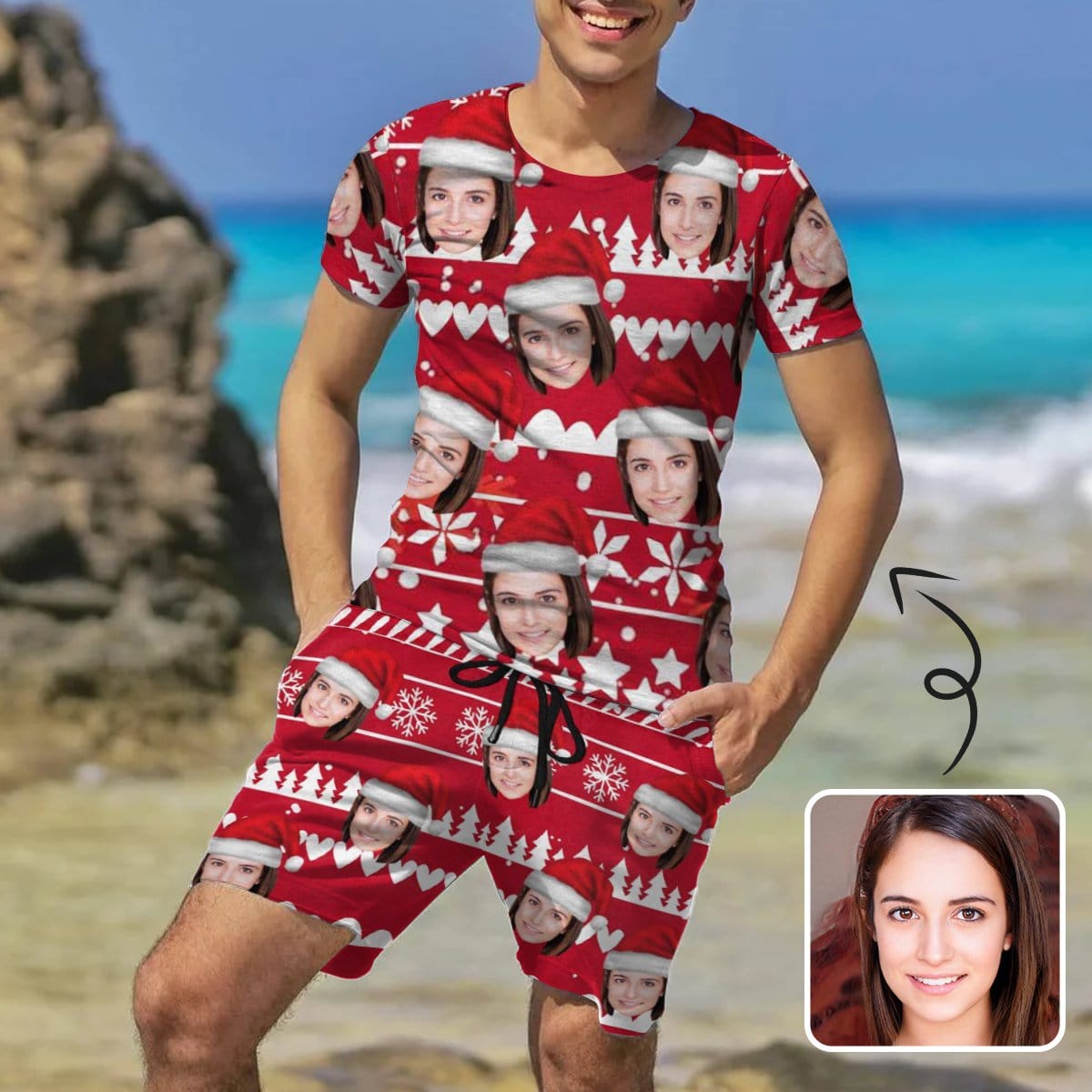 Custom Custom Face Christmas Men's All Over Print T-shirt Lightweight Breathable Shorts Suits - YesCustom