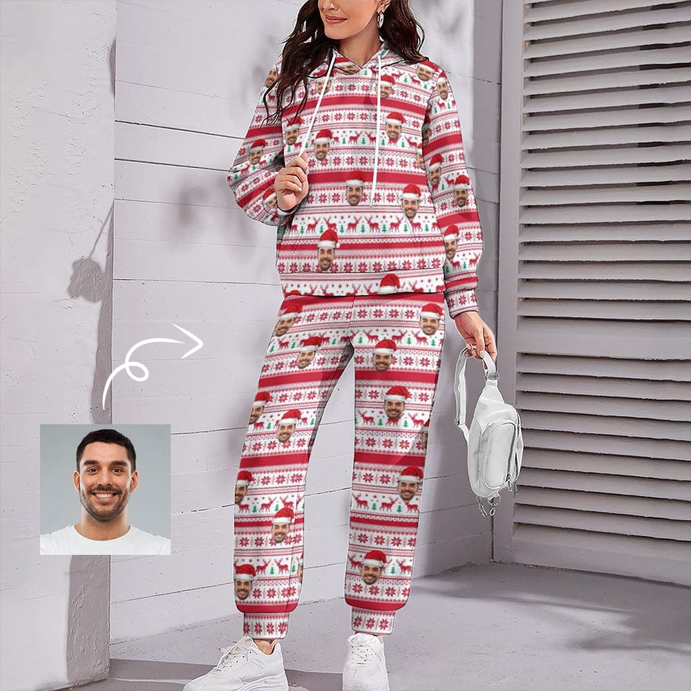 Custom Custom Face Christmas Pattern Hoodie Sweatpant Set Personalized Unisex Loose Hoodie Top Outfits - YesCustom
