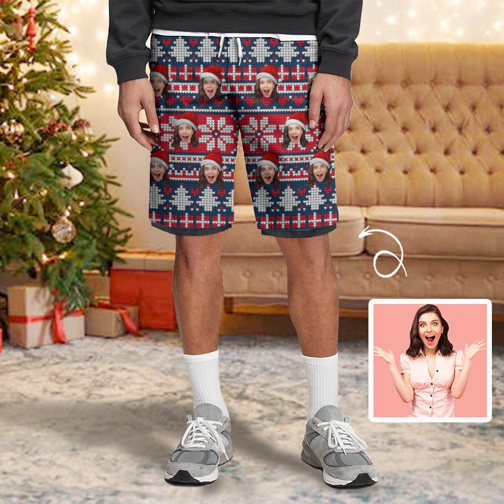 Custom Custom Face Christmas Pattern Men's 2 in 1 Running Shorts Workout Training Quick Dry Bodybuliding Athletic Shorts Jogger with Pockets - YesCustom