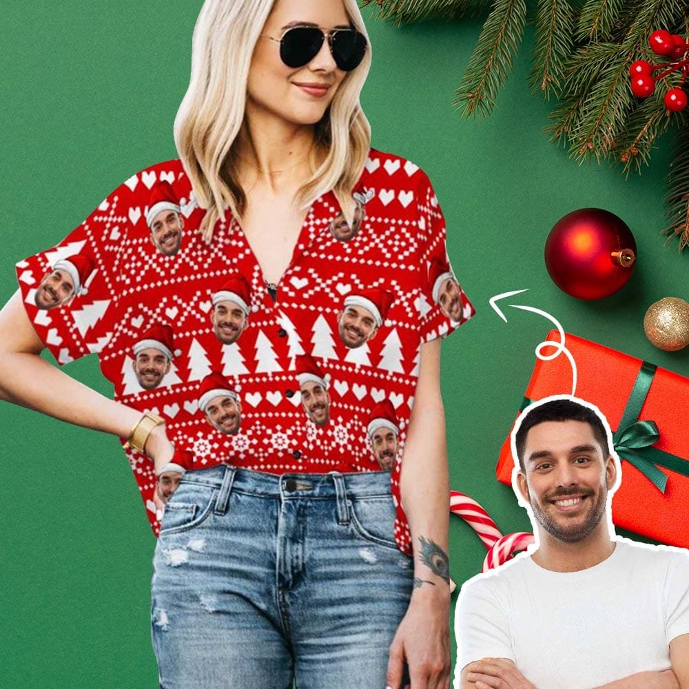 Custom Custom Face Christmas Pattern Red Women's Hawaiian Shirts All Over Print V Neck Short Sleeve Shirt Gift for Girlfriend Wife - YesCustom