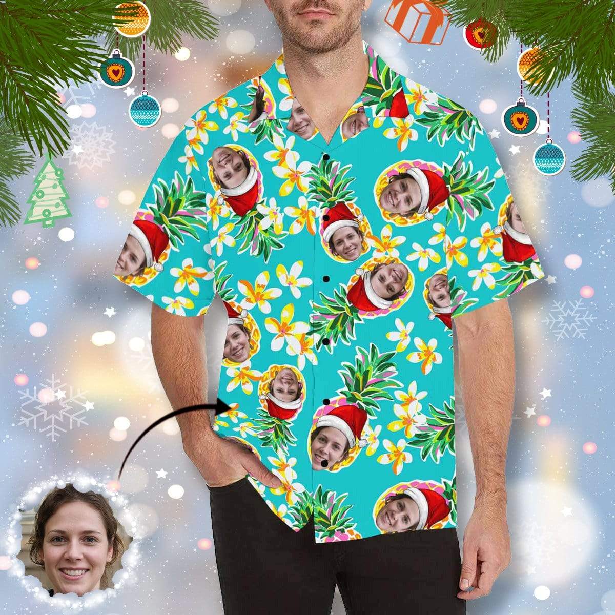 Custom Custom Face Christmas Pineapple Flower Men's All Over Print Hawaiian Shirt - YesCustom