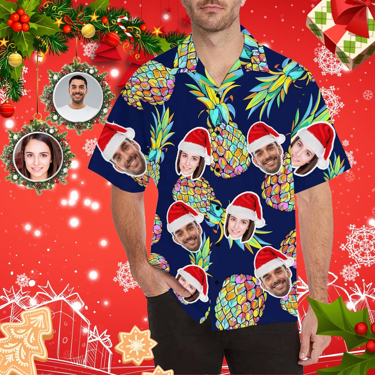 Custom Custom Face Christmas Pineapple Men's All Over Print Hawaiian Shirt - YesCustom
