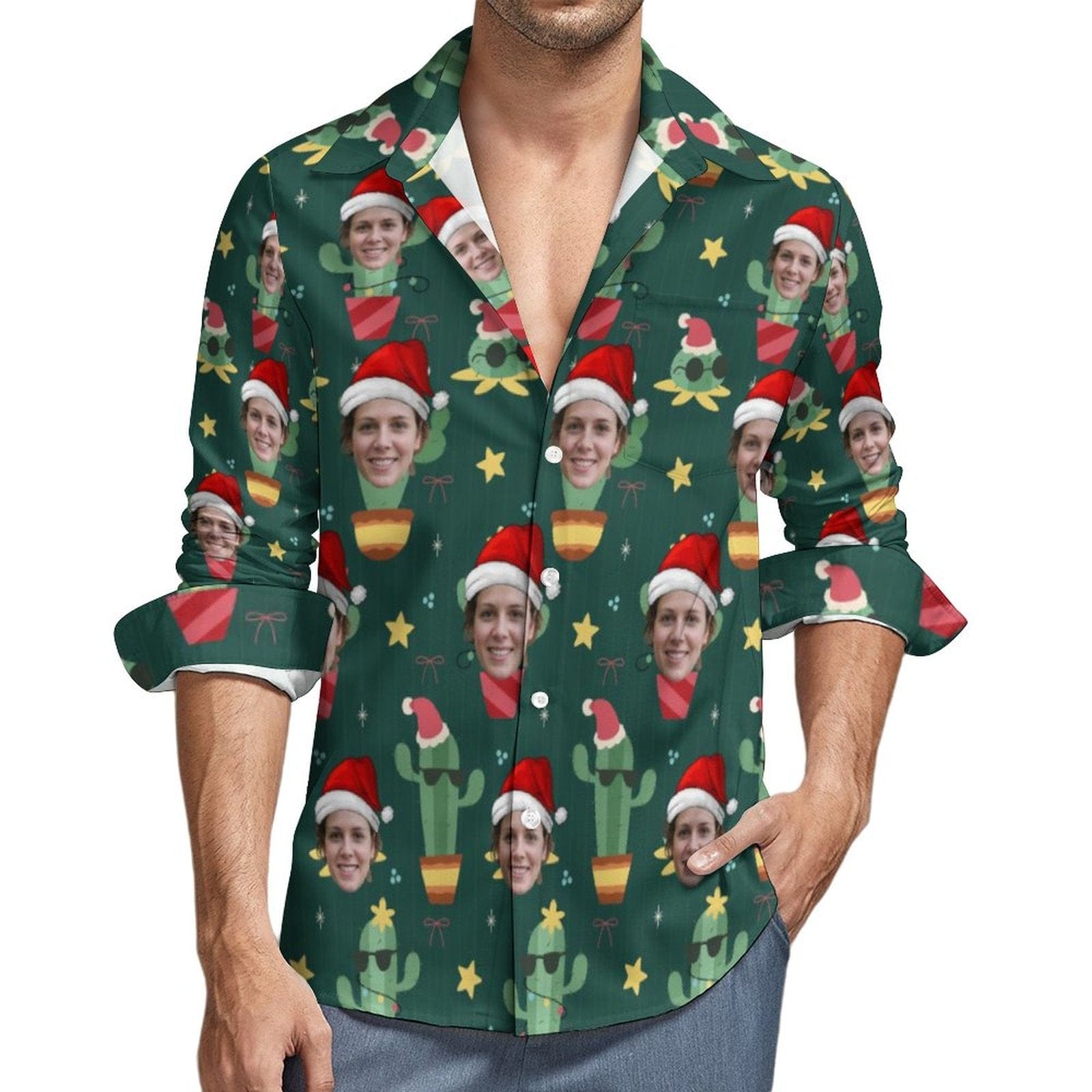 Custom Custom Face Christmas Red Hat Cactus Hawaiian Shirts Men's Long Sleeve Shirt Personalized Face Shirt Gift for Him - YesCustom