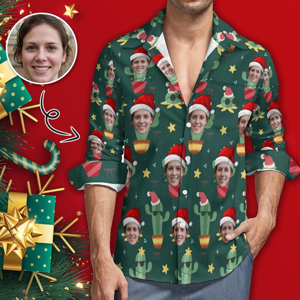 Custom Custom Face Christmas Red Hat Cactus Hawaiian Shirts Men's Long Sleeve Shirt Personalized Face Shirt Gift for Him - YesCustom