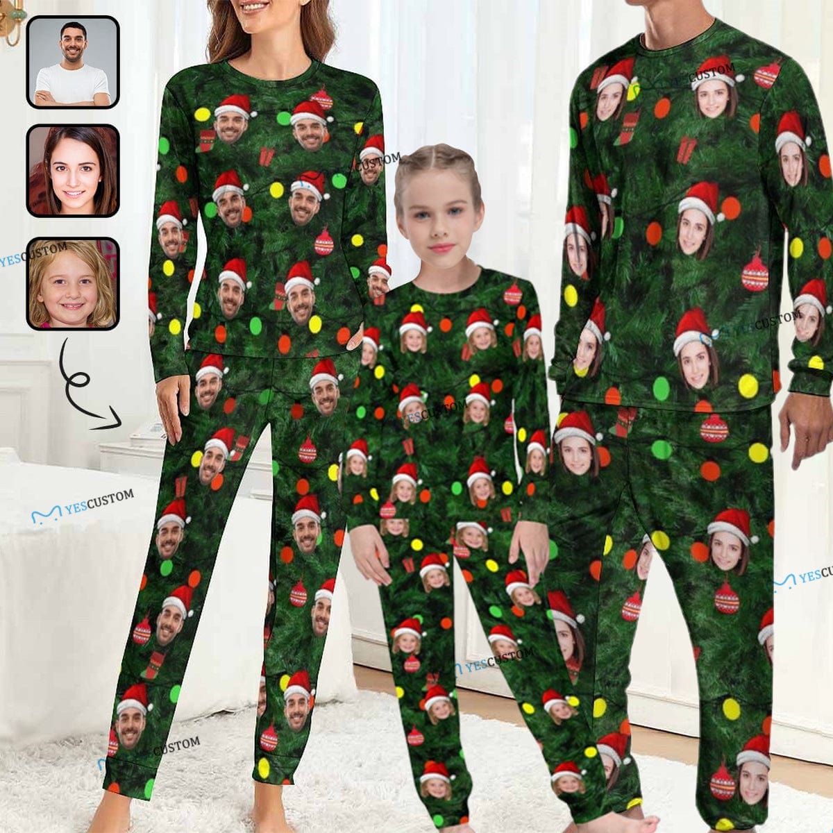 Custom Custom Face Christmas Red Hat Green Background Nightwear Personalized Family Matching Long Sleeve Pajamas Set For Christmas - YesCustom