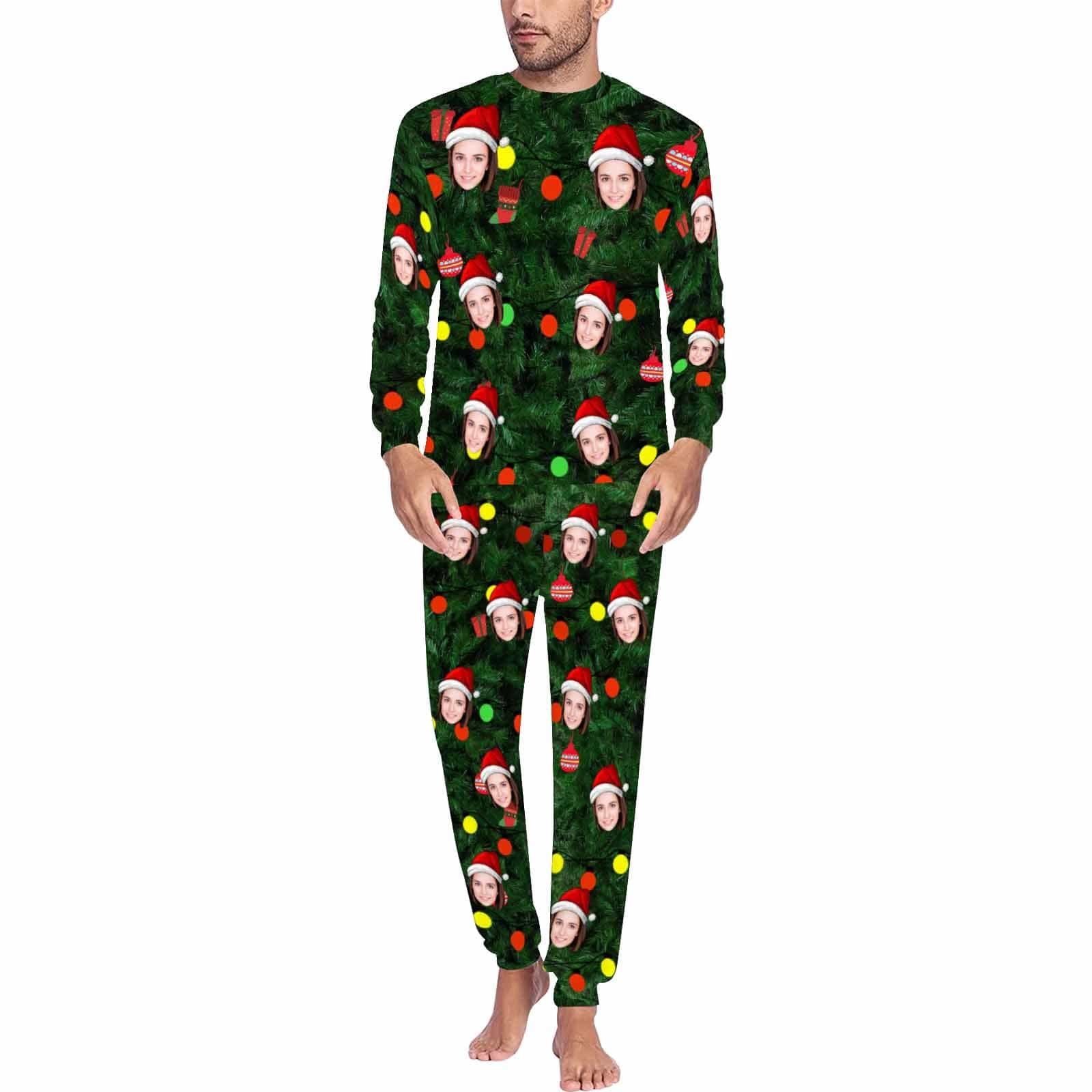 Custom Custom Face Christmas Red Hat Green Background Nightwear Personalized Family Matching Long Sleeve Pajamas Set For Christmas - YesCustom