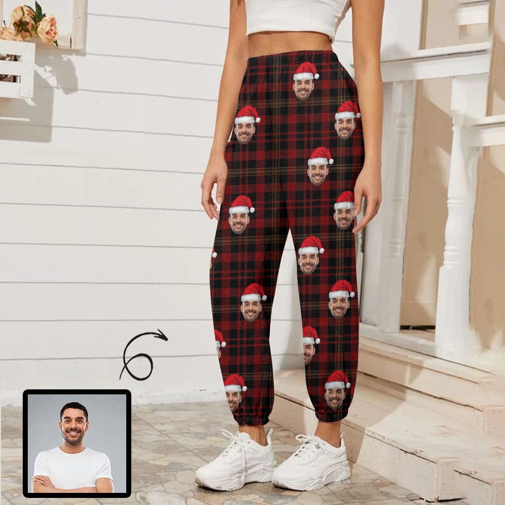 Custom Custom Face Christmas Red Hat Lattice Women's Jogger Casual Trousers Elastic Waist Sports Pants With Pocket - YesCustom
