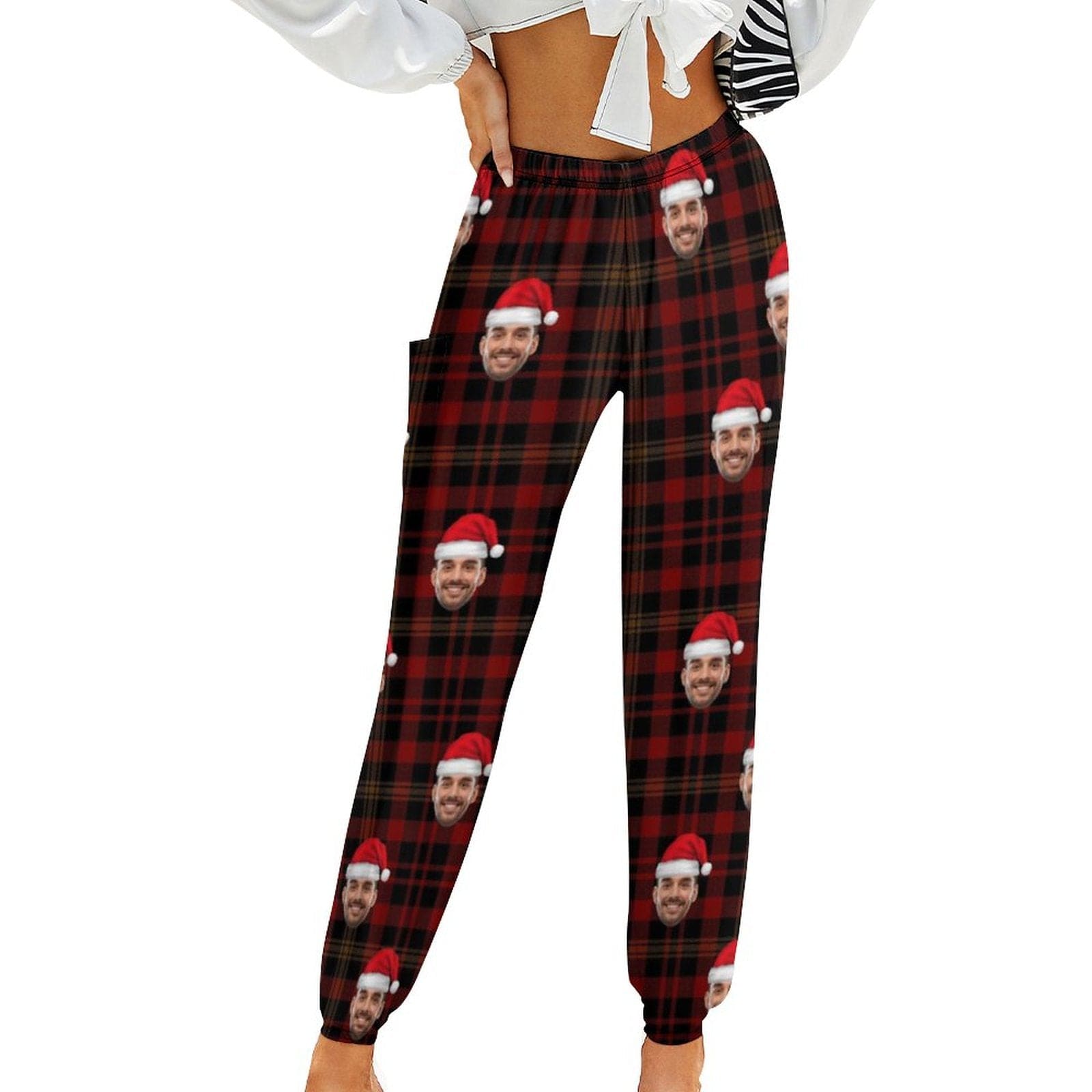 Custom Custom Face Christmas Red Hat Lattice Women's Jogger Casual Trousers Elastic Waist Sports Pants With Pocket - YesCustom