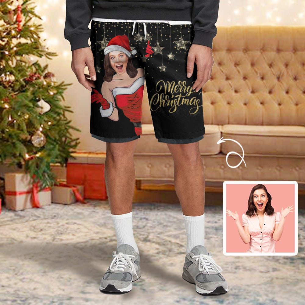Custom Custom Face Christmas Red Hat Star Men's Quick Dry 2 in 1 Surfing & Beach Shorts Male Gym Fitness Shorts - YesCustom
