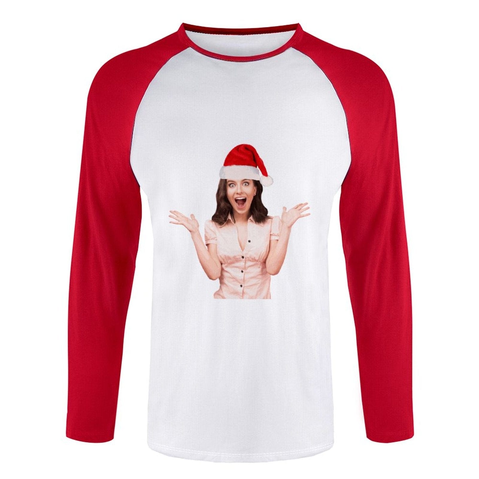 Custom Custom Face Christmas Red Hat Three Quarter Sleeve T-Shirt Multiple Colors Men's Casual Basic Soft Sports Raglan Baseball Tee Shirts For Christmas - YesCustom