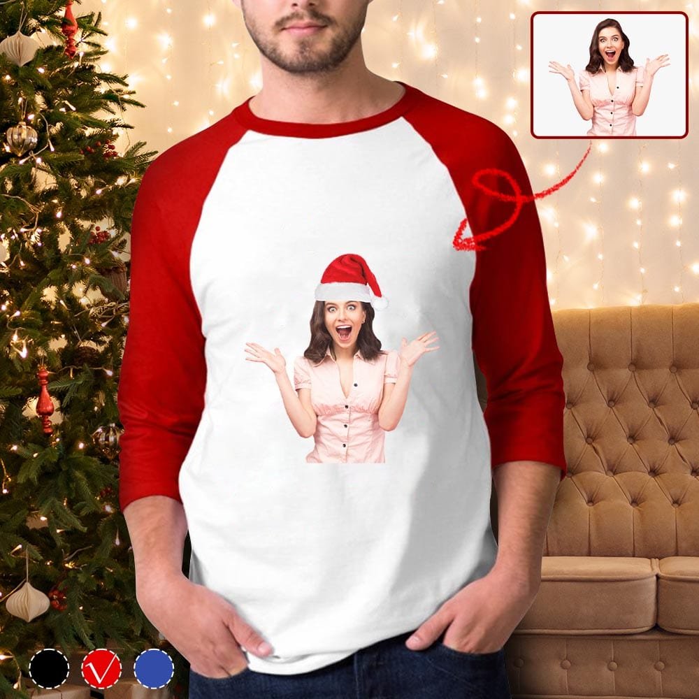 Custom Custom Face Christmas Red Hat Three Quarter Sleeve T-Shirt Multiple Colors Men's Casual Basic Soft Sports Raglan Baseball Tee Shirts For Christmas - YesCustom
