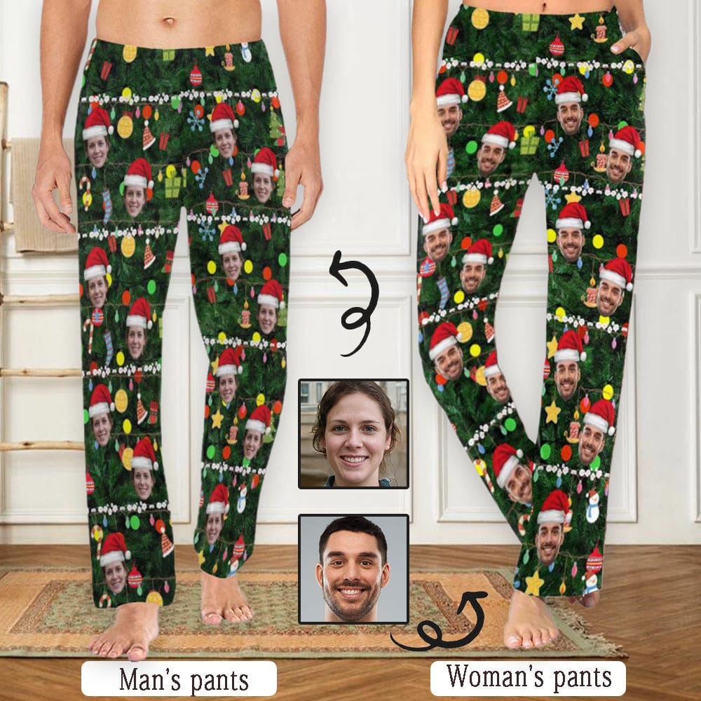 Custom Custom Face Christmas Red Hat Tree Trinkets Sleepwear Personalized Women's&Men's Slumber Party Long Pajama Pants - YesCustom