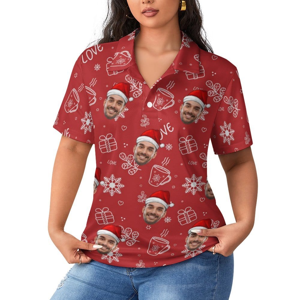 Custom Custom Face Christmas Red Snowflakes Women's Polo Shirt - YesCustom