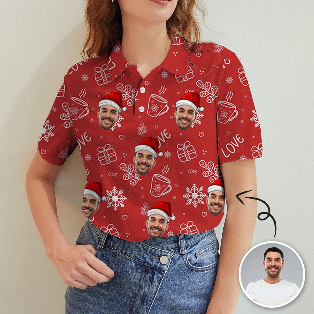 Custom Custom Face Christmas Red Snowflakes Women's Polo Shirt - YesCustom