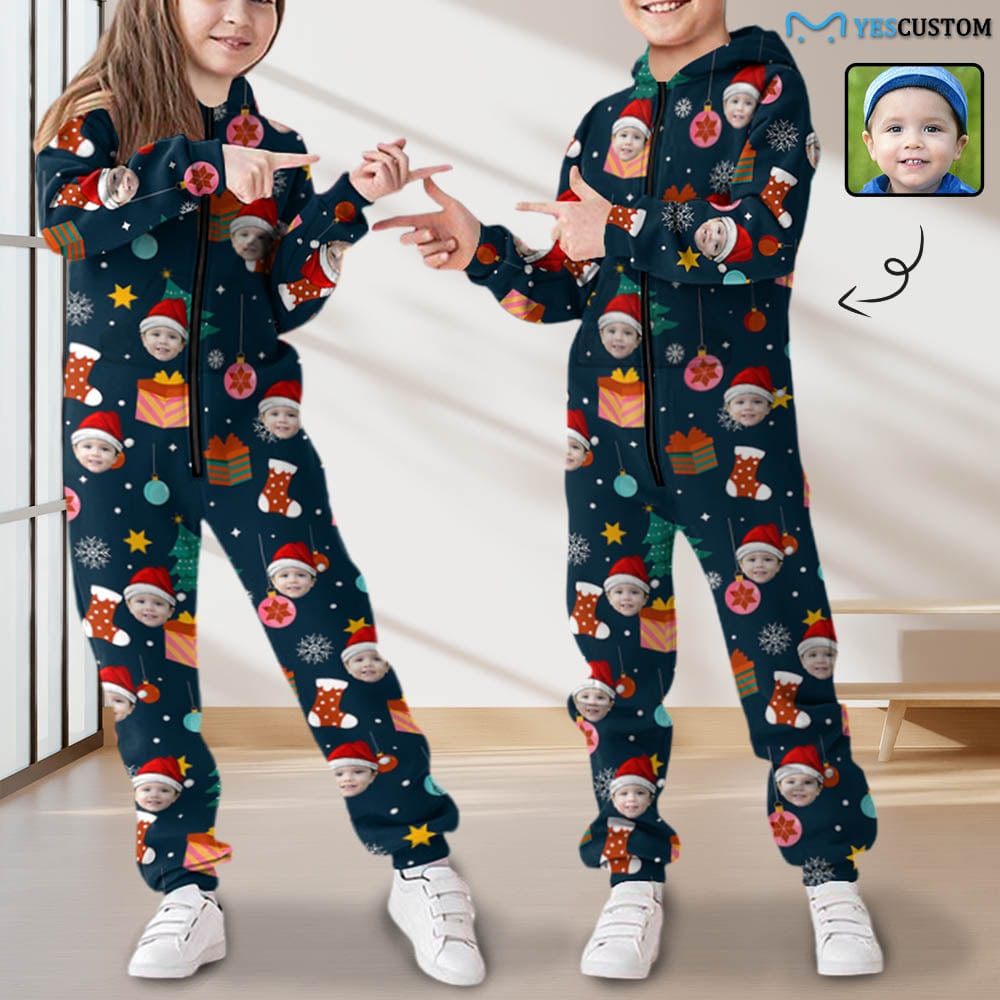 Custom Custom Face Christmas Santa Hat Unisex Jumpsuits Zip Up Hoodie Onesie with Pockets for Kids Boys Girls - YesCustom