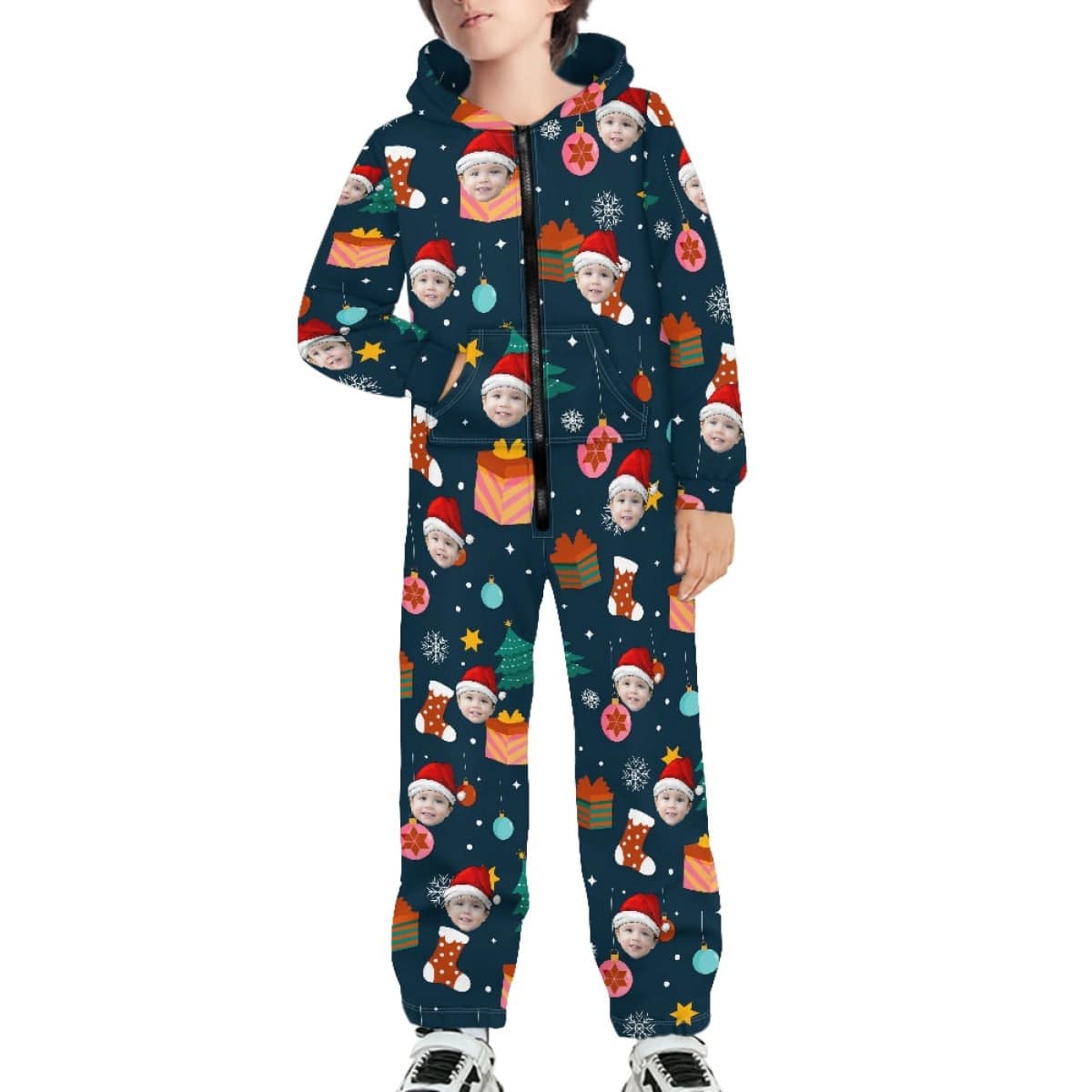 Custom Custom Face Christmas Santa Hat Unisex Jumpsuits Zip Up Hoodie Onesie with Pockets for Kids Boys Girls - YesCustom