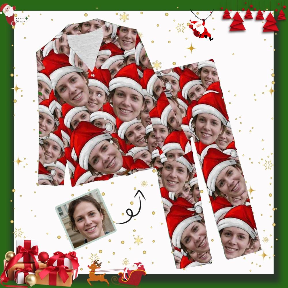 Custom Custom Face Christmas Seamless Head Sleepwear Personalized Women's Slumber Party Long Pajama Set - YesCustom