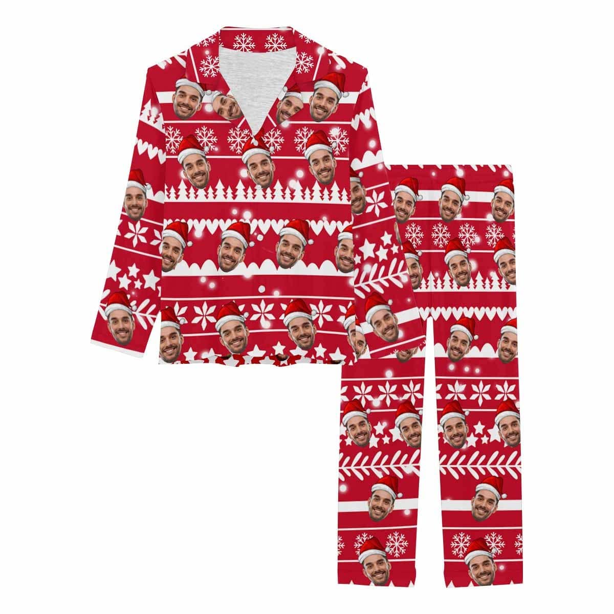 Custom Custom Face Christmas Snowflake Tree Women's Long Pajama Set Pajama Top&Pajama Bottom - YesCustom
