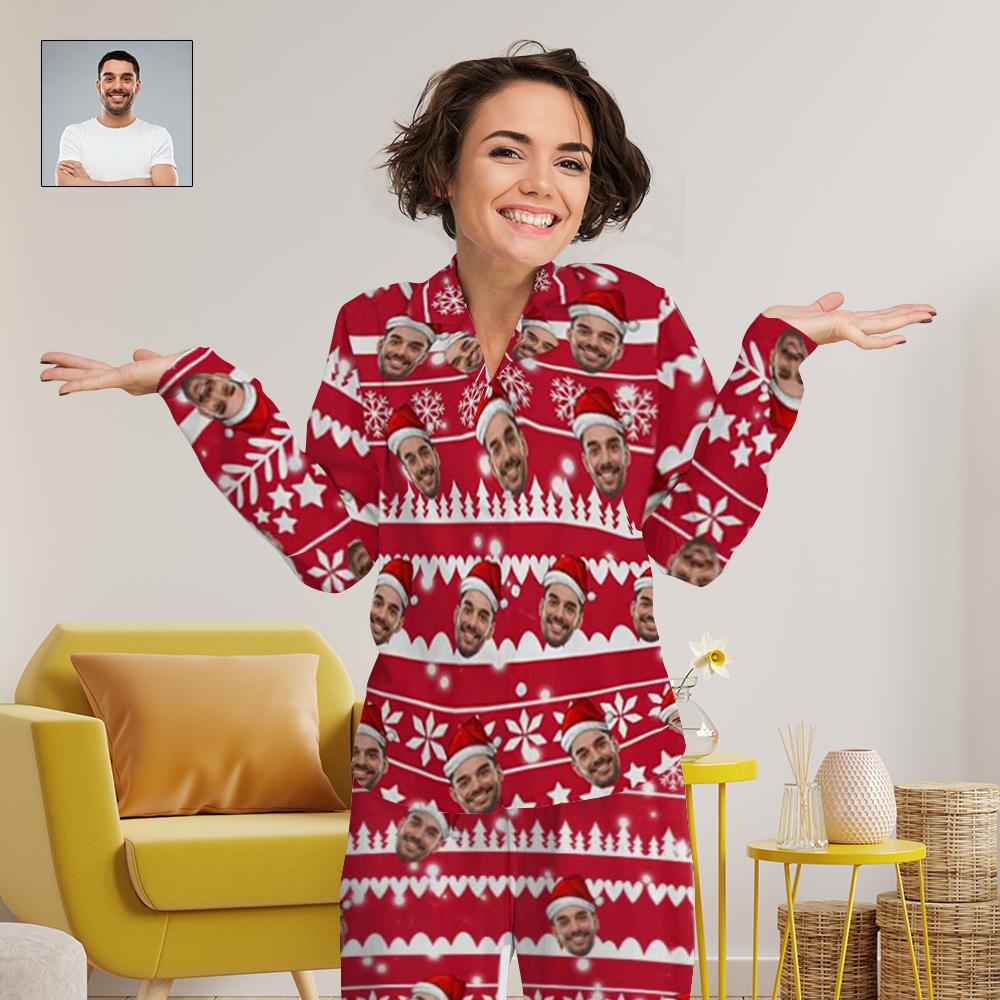 Custom Custom Face Christmas Snowflake Tree Women's Long Pajama Set Pajama Top&Pajama Bottom - YesCustom