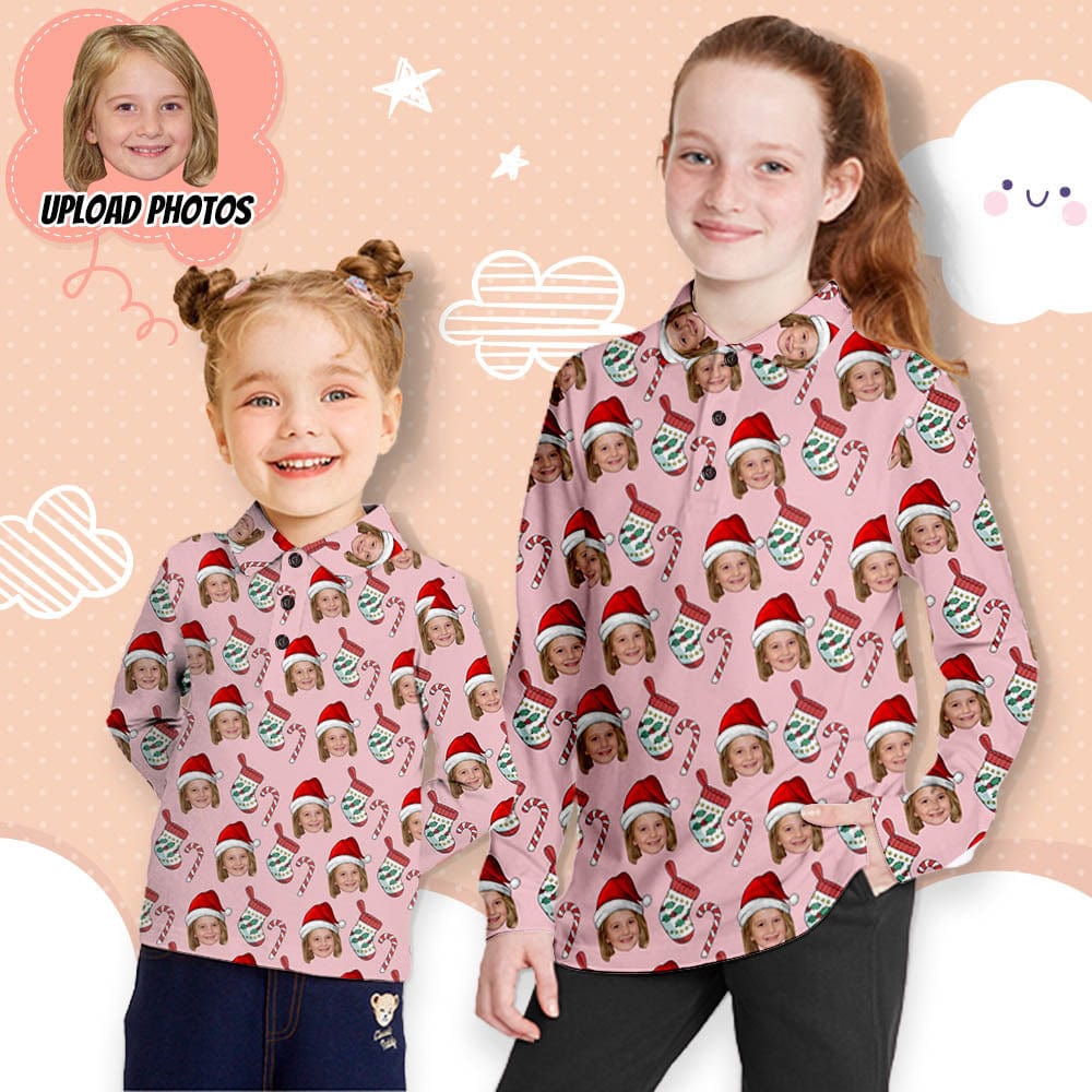 Custom Custom Face Christmas Sock Candy Girls' Long Sleeve Polo Shirt - YesCustom