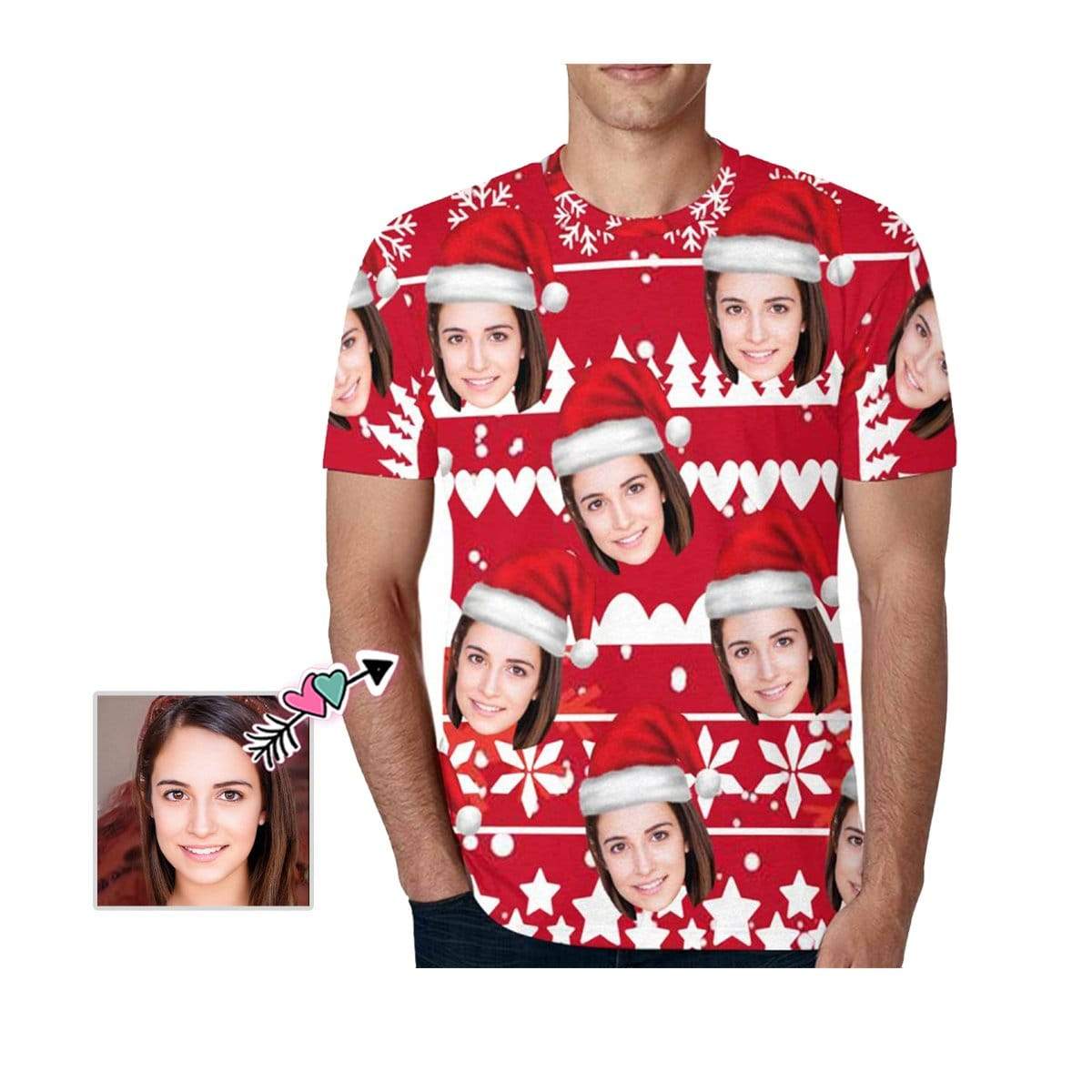Custom Custom Face Christmas Tee Red Background Men's All Over Print T-shirt with Personalized Pictures - YesCustom