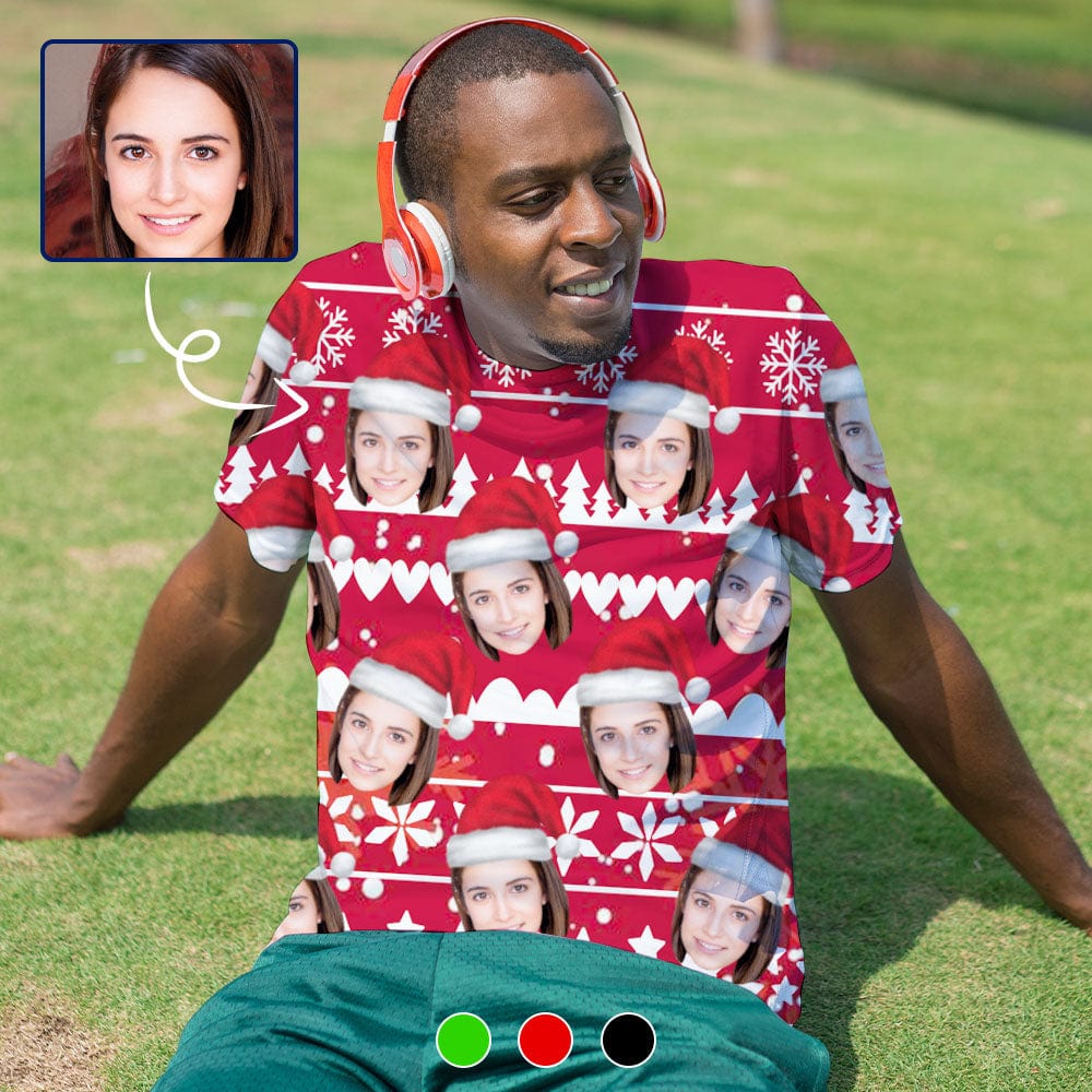 Custom Custom Face Christmas Tee Red Background Men's All Over Print T-shirt with Personalized Pictures - YesCustom