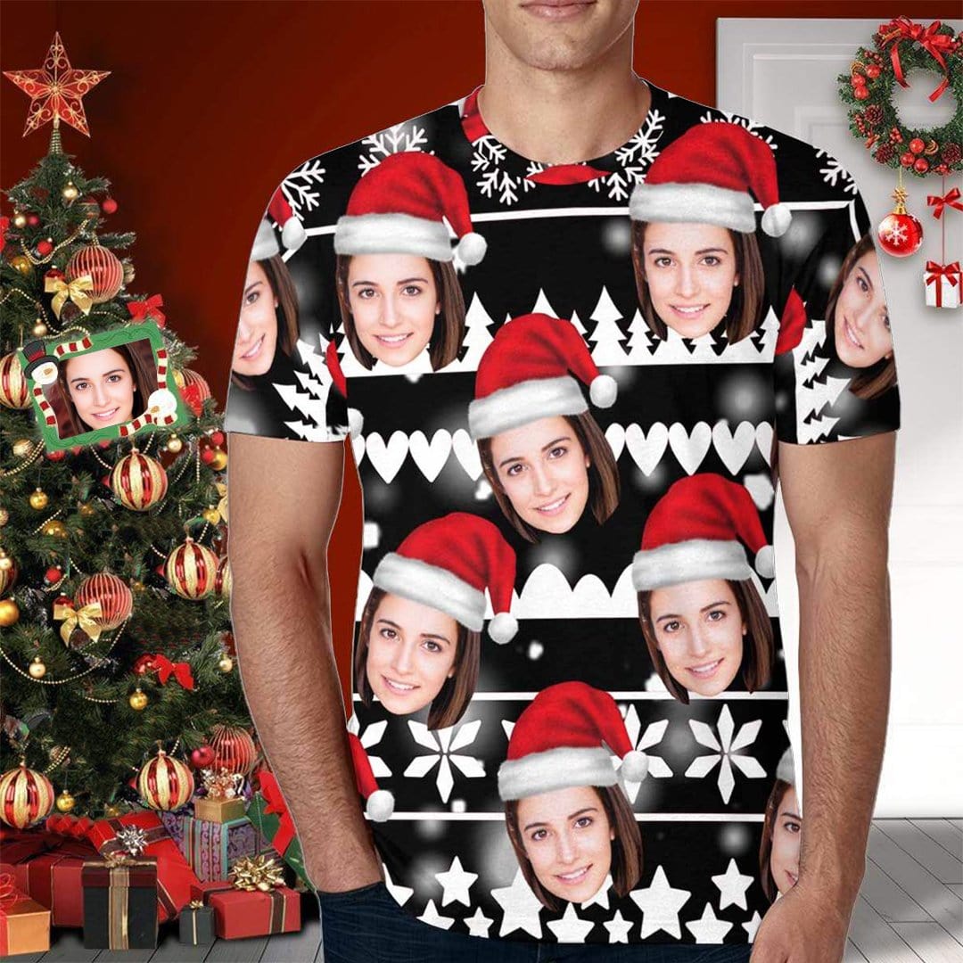 Custom Custom Face Christmas Tee Snowflake Men's All Over Print T-shirt with Pictures - YesCustom
