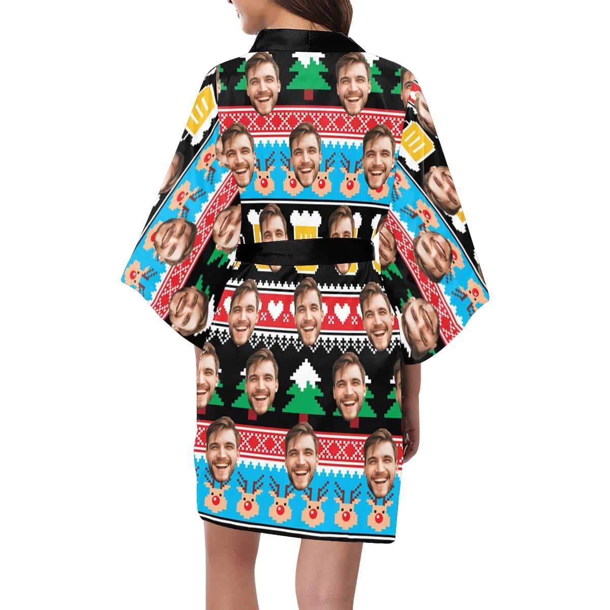 Custom Custom Face Christmas Tree Beer Women's Short Pajamas Funny Personalized Photo Pajamas Kimono Robe - YesCustom