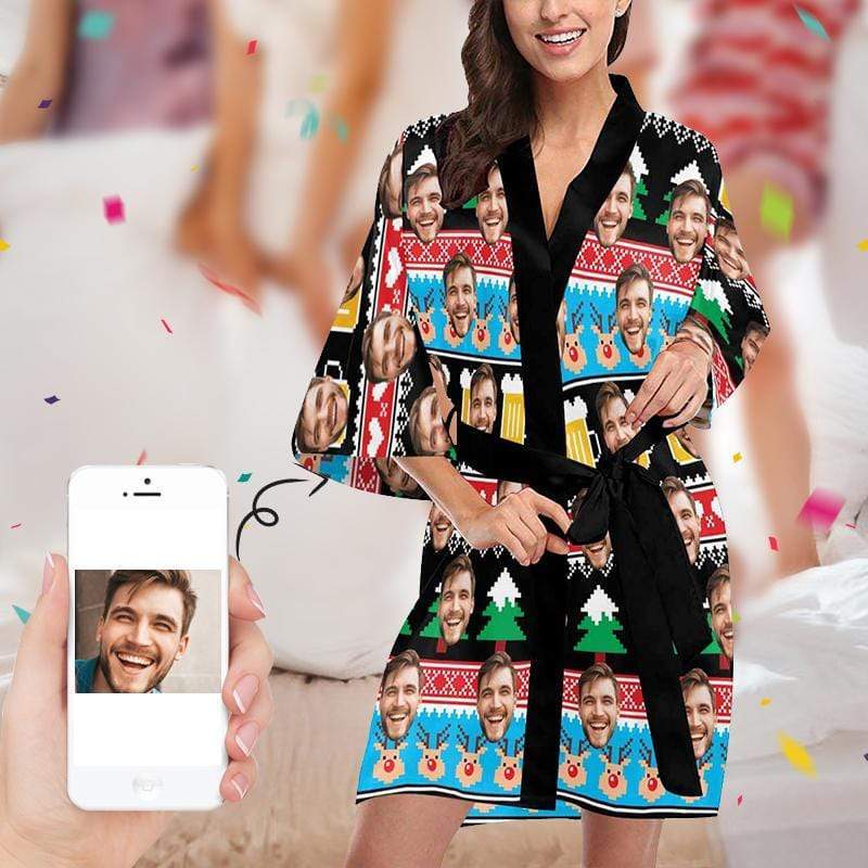 Custom Custom Face Christmas Tree Beer Women's Short Pajamas Funny Personalized Photo Pajamas Kimono Robe - YesCustom