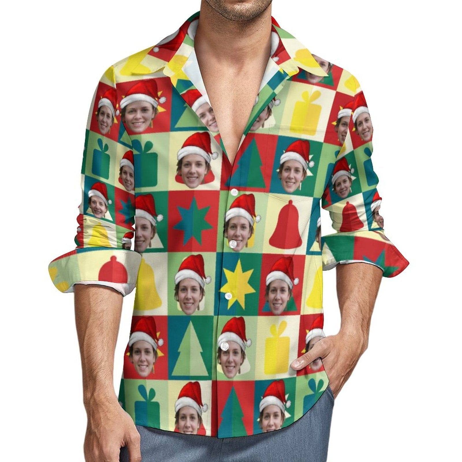 Custom Custom Face Christmas Tree Bell Hawaiian Shirts Men's Long Sleeve Shirt Personalized Face Shirt Gift for Him - YesCustom