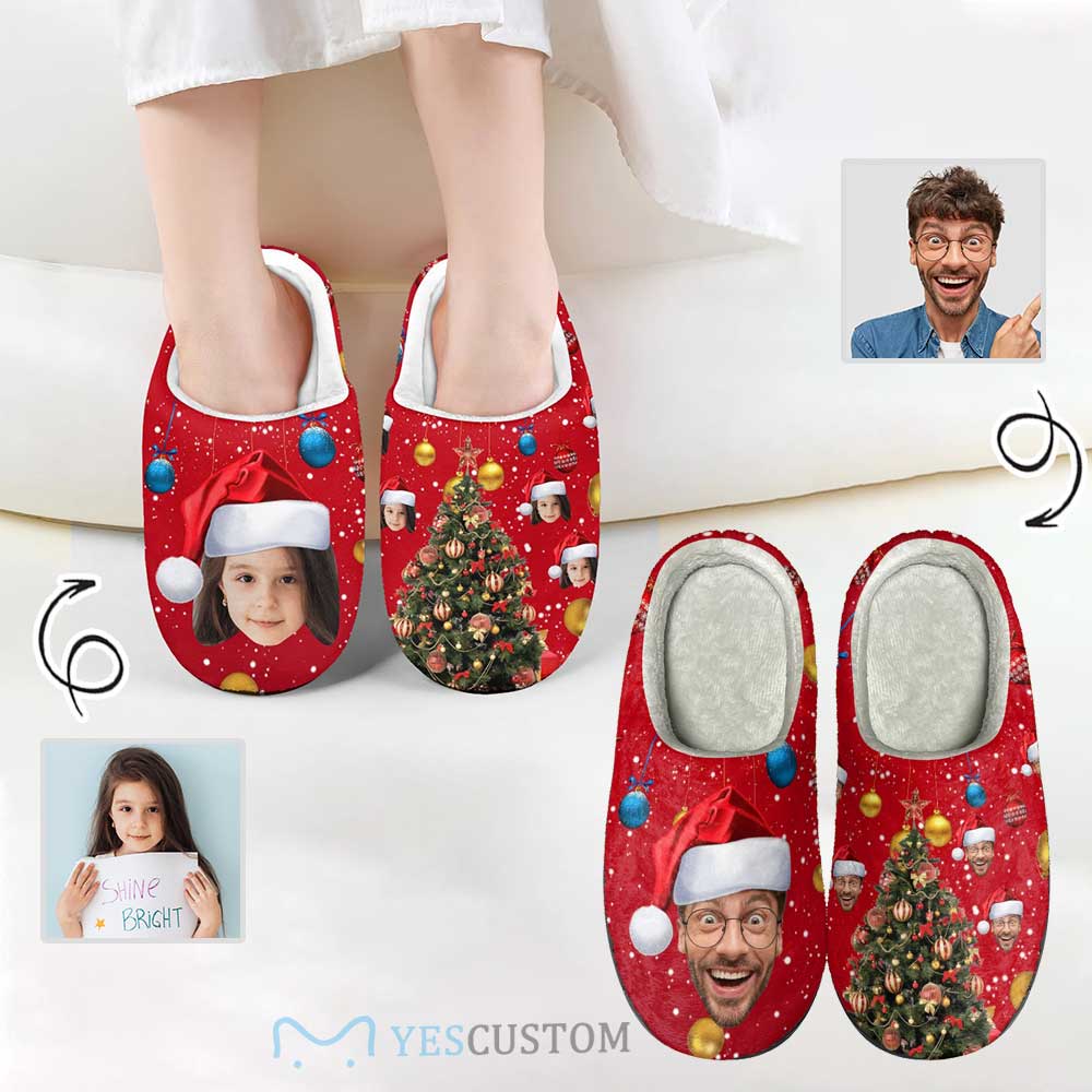 Custom Custom Face Christmas Tree Cotton Slippers for Adult&Kids Personalized Non-Slip Slippers Warm House Shoes - YesCustom