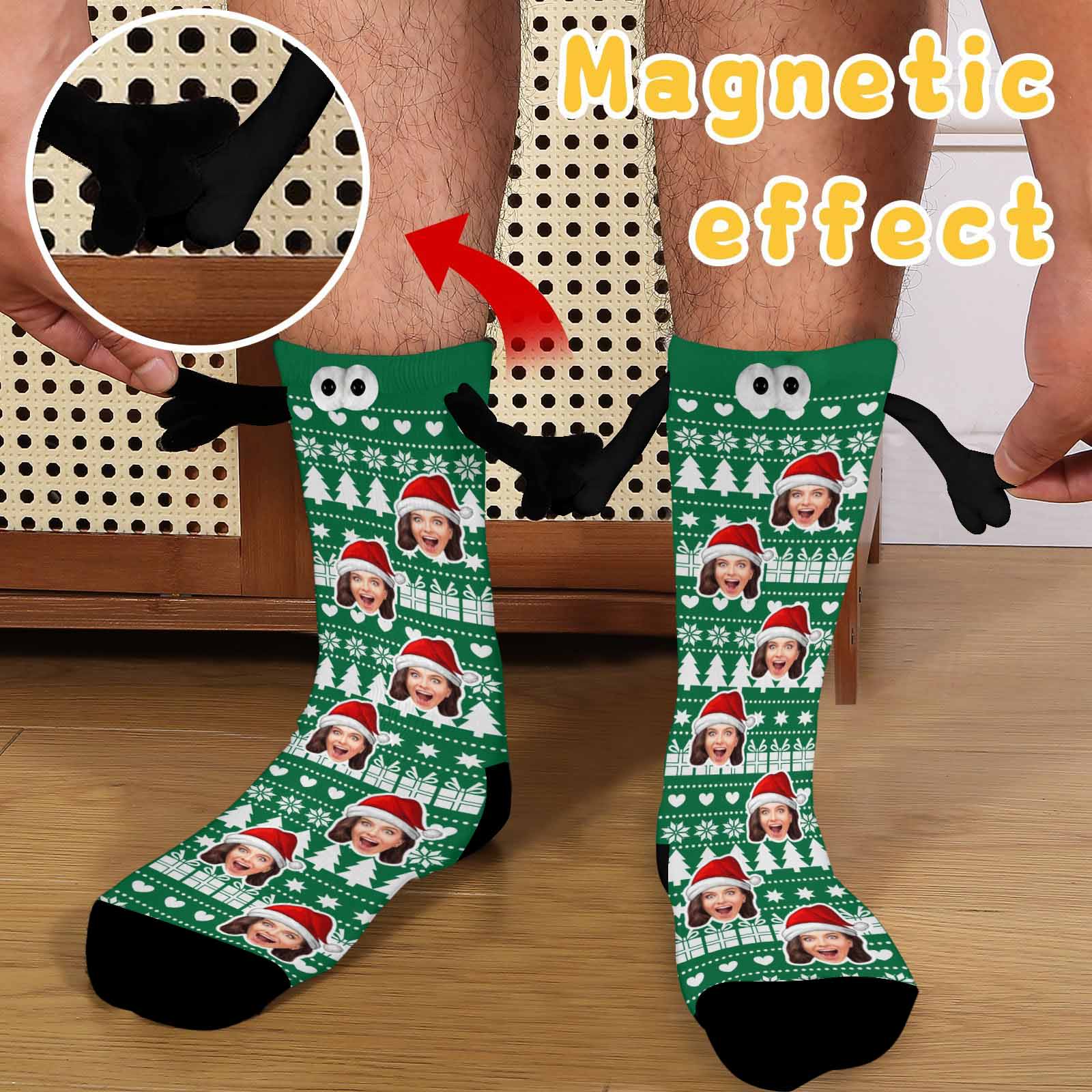 Custom Custom Face Christmas Tree Green Magnetic Holding Hands Socks Suction Funny Big Eye Socks - YesCustom