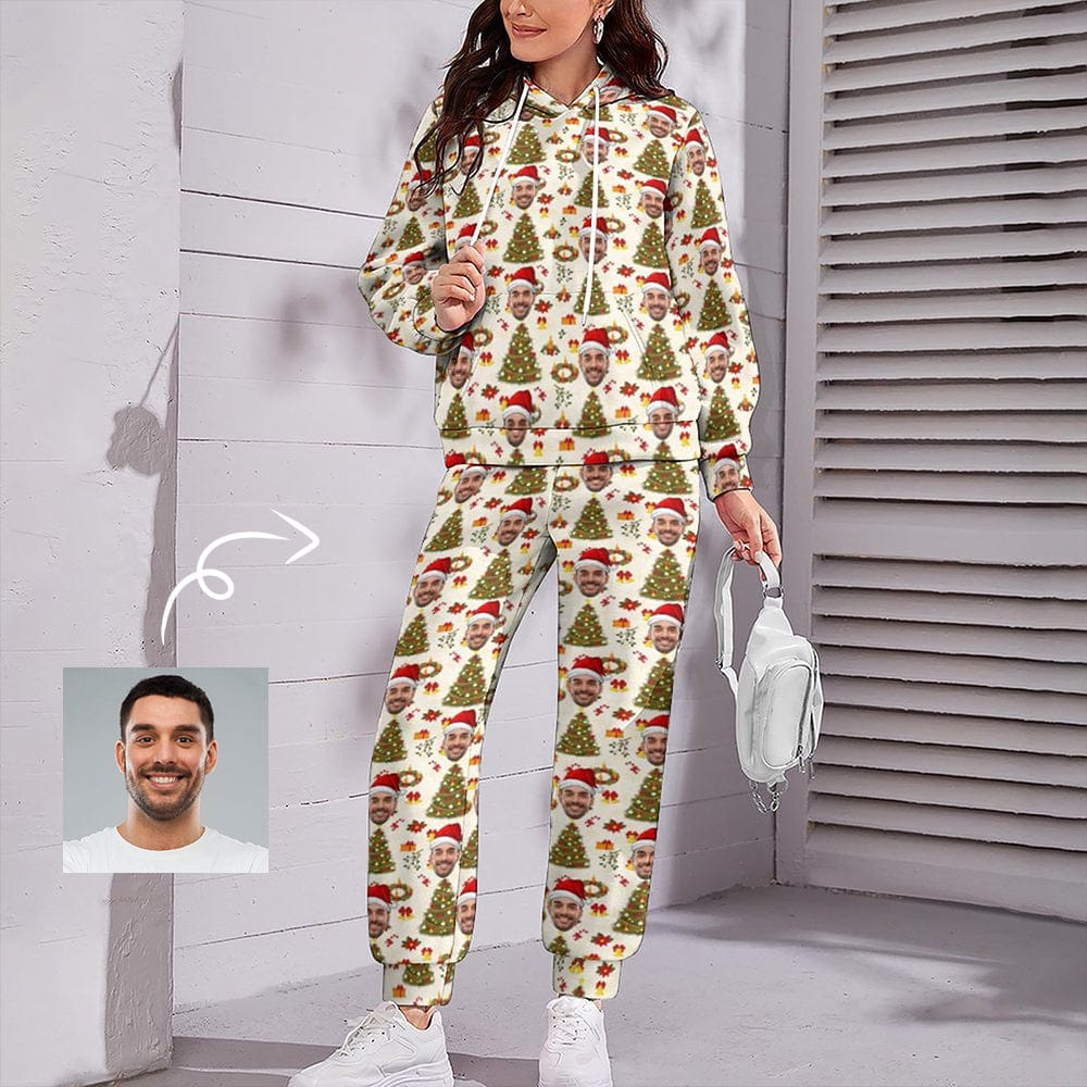 Custom Custom Face Christmas Tree Hoodie Sweatpant Set Personalized Unisex Loose Hoodie Top Outfits - YesCustom