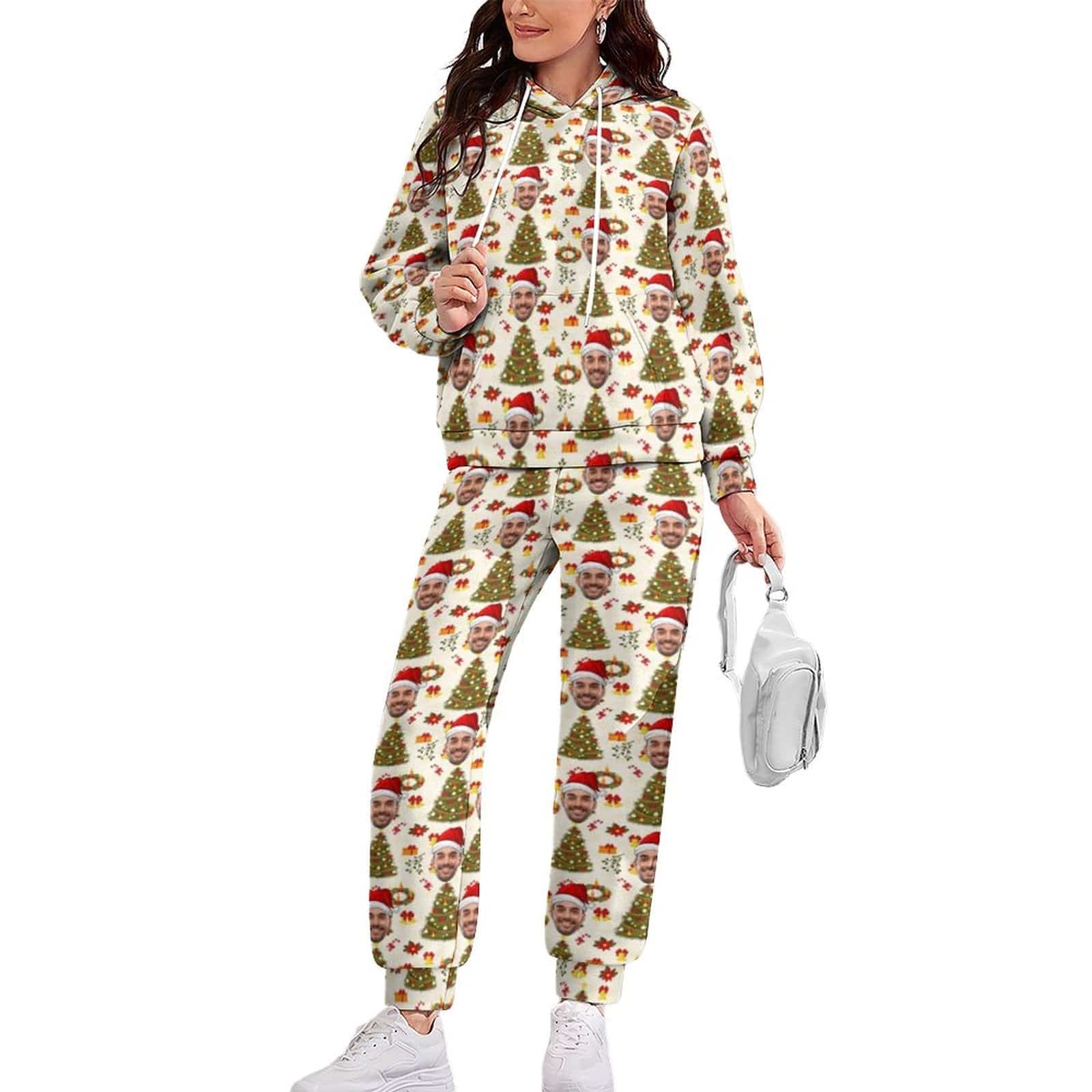 Custom Custom Face Christmas Tree Hoodie Sweatpant Set Personalized Unisex Loose Hoodie Top Outfits - YesCustom