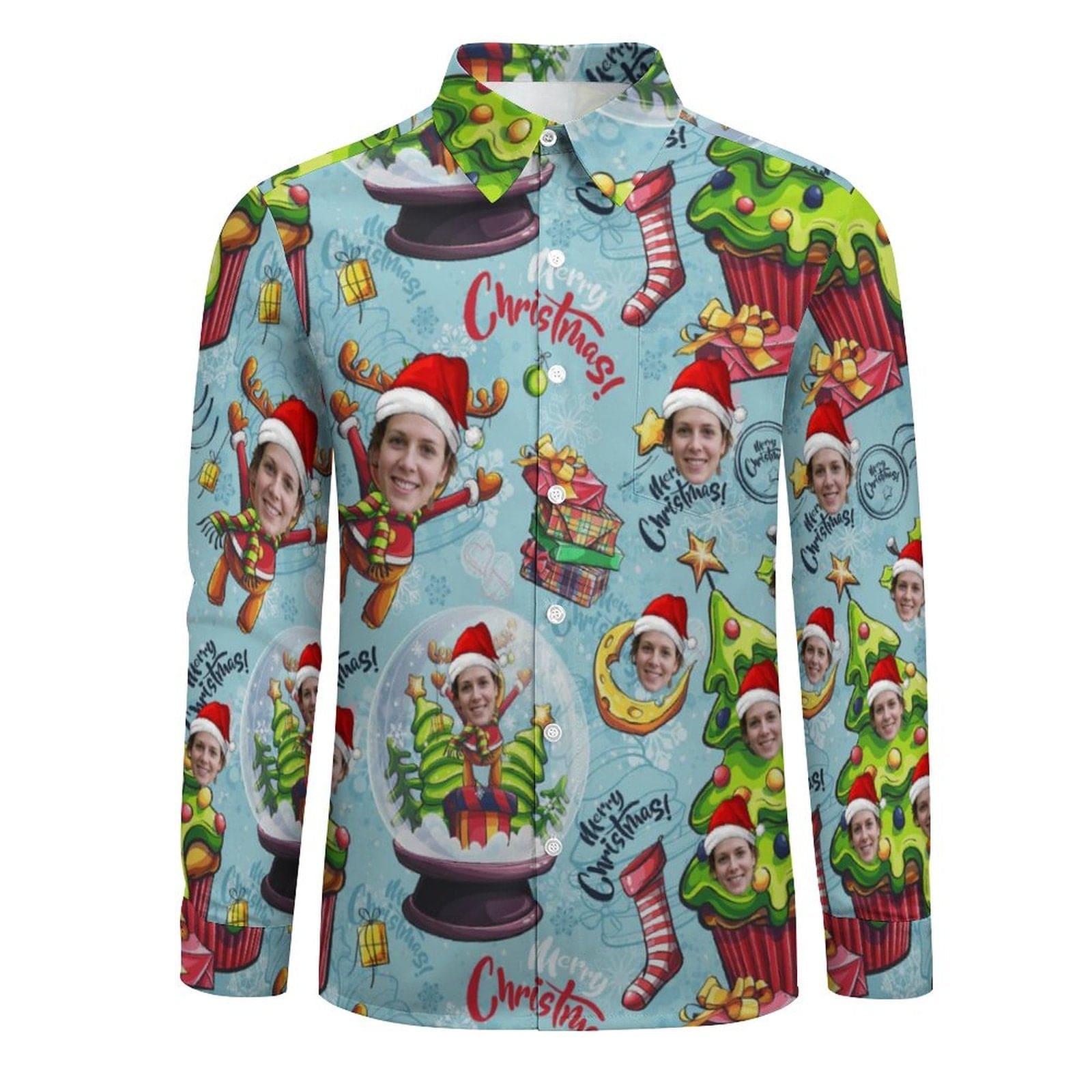 Custom Custom Face Christmas Tree Socks Gift Hawaiian Shirts Men's Long Sleeve Shirt Personalized Face Shirt Gift for Him - YesCustom