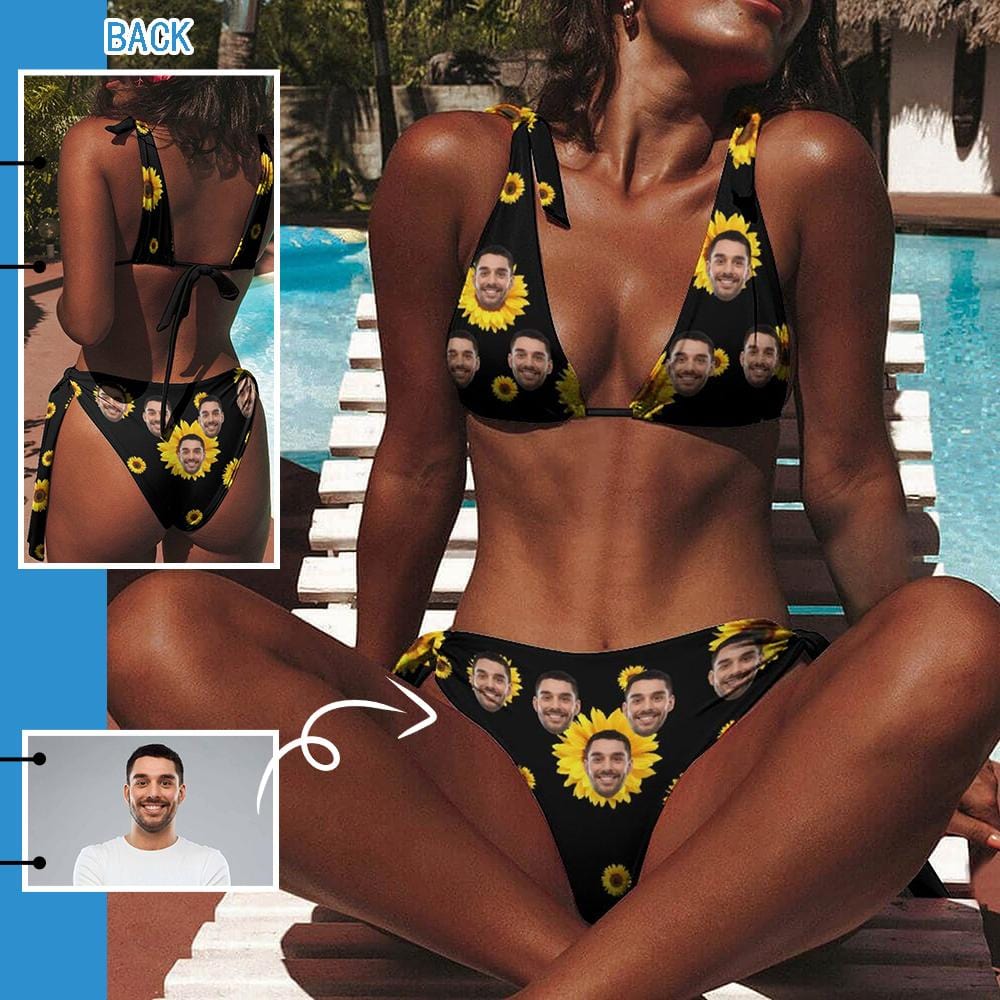 Custom Custom Face Chrysanthemum Deep V Neck Tie Side Low Waisted Triangle Bikini Personalized Bathing Suit Women's Two Piece Swimsuit Summer Beach Pool Outfits - YesCustom
