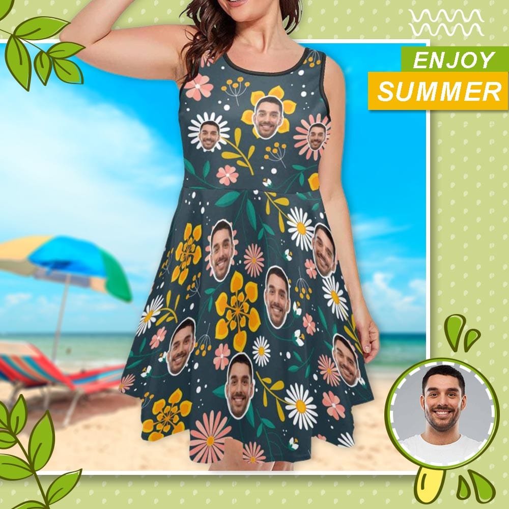 Custom Custom Face Chrysanthemum Green Sleeveless Expansion Dress for Women - YesCustom