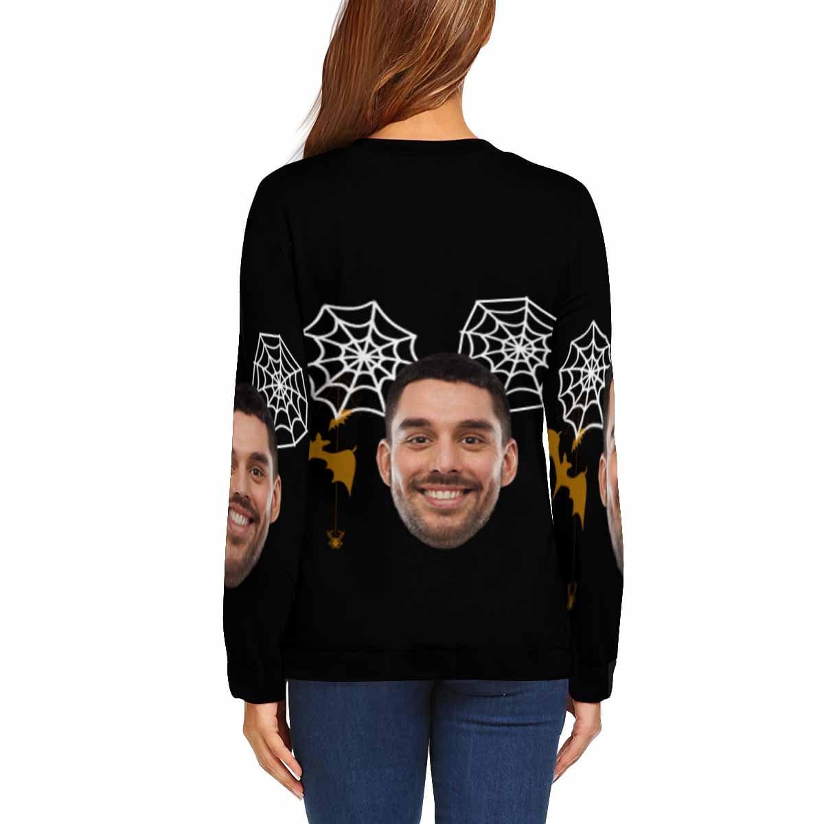 Custom Custom Face Cobweb Bat Women's Casual Crew Neck Sweatshirt Personalized Long Sleeve Loose Sweatshirt For Halloween - YesCustom