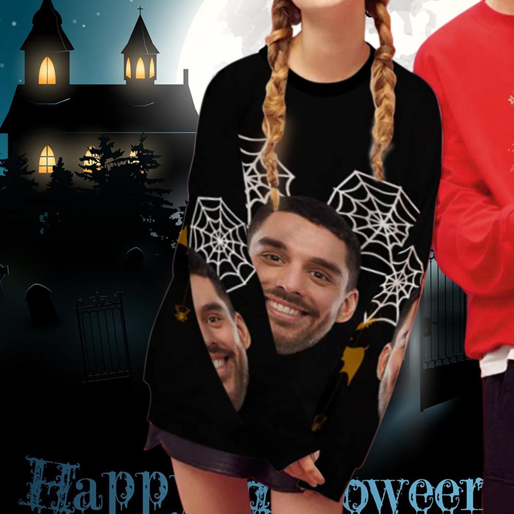 Custom Custom Face Cobweb Bat Women's Casual Crew Neck Sweatshirt Personalized Long Sleeve Loose Sweatshirt For Halloween - YesCustom