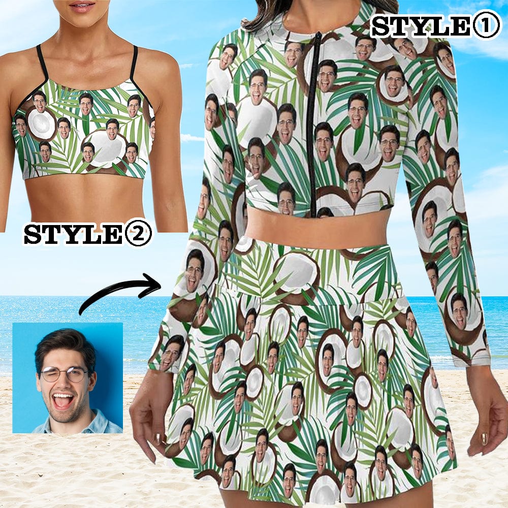Custom Custom Face Coconut Bikini Top&Bottom Women's Swim Skirt With Bottom Long Sleeve Zip Top - YesCustom