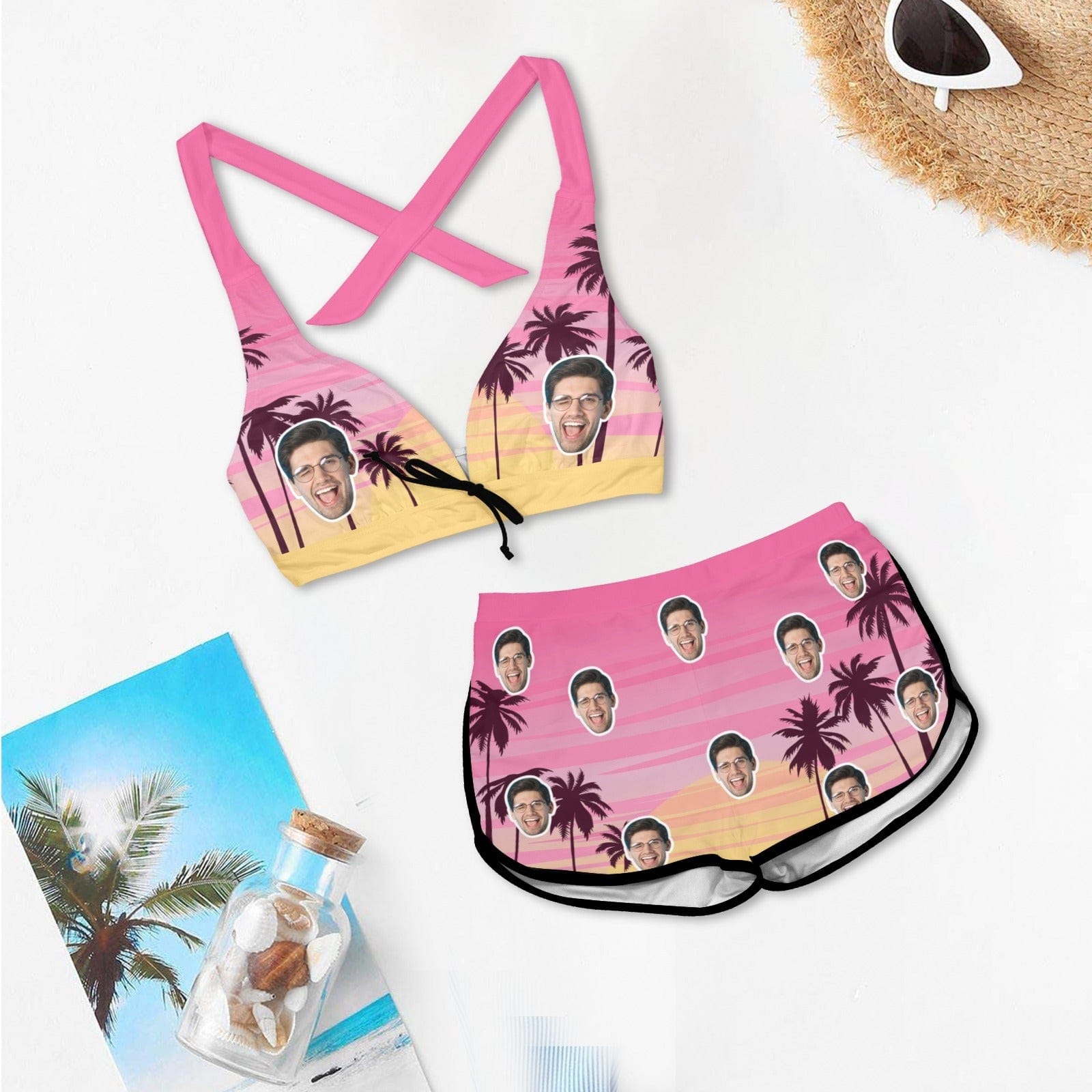 Custom Custom Face Coconut Palm Boyshorts Bikini Set Personalized Halter V Neck Top Athletic Bathing Suit High Waisted Bikini - YesCustom